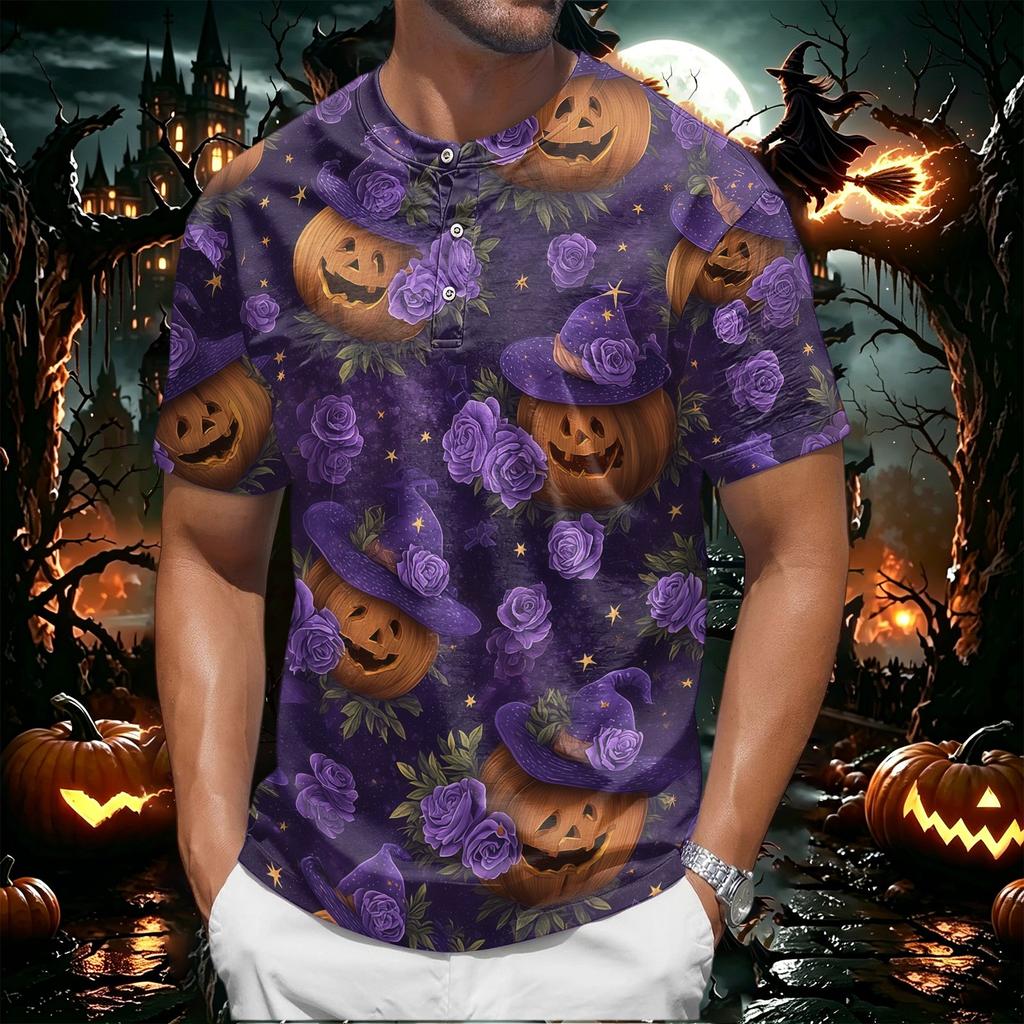 Men's Halloween Print Short Sleeve Henley Shirt Casual Round Neck Top with Button Detail Lightweight Breathable Fabric