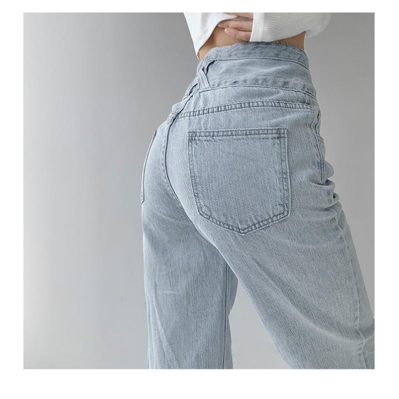 Button Vintage High Trousers Waisted Jeans For Women Drape Loose Straight Wide Leg Pant