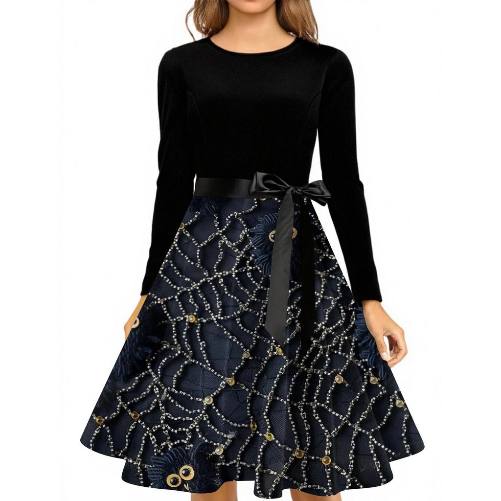 Dámské módní šaty s V-výstřihem, ležérního střihu, slim fit, s halloweenským potiskem, s dlouhým rukávem