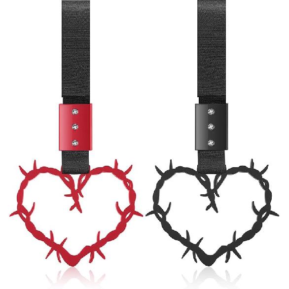 Fabbay 2 Pieces Heart Handle Keycha Car Accessory Heart Hand Strap Drift Charm For Car Interior Exterior Decoration(Red And Black,Thorns Style) Thorns Style