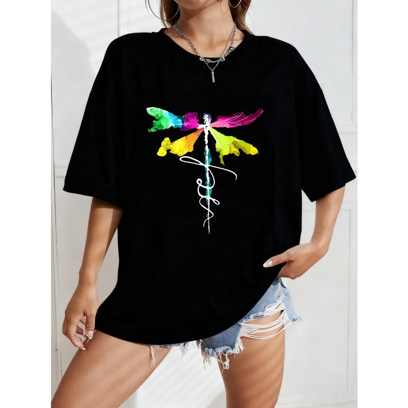 

White Oversized T Shirt With Colorful Dragonfly Print For Casual Wear XXXXL чорний