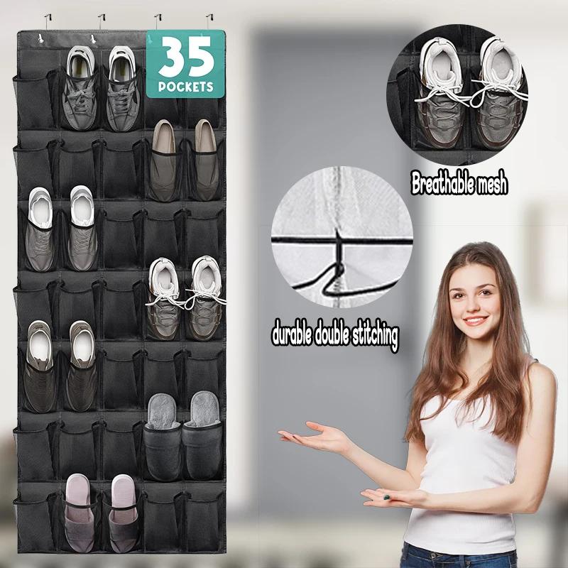 35 Pockets Over the Door Shoe Organizer Large Mesh Pockets With 4 Hooks Transparent Fabric Shoe Rack Storage Bag Box For Bedroom
