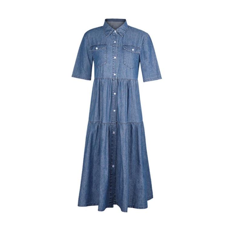 Retro Jeansowa Sukienka Maxi dla Kobiet Miękka Cienka Długa Sukienka z Guzikami Kieszeniami Krótki Rękaw Codzienna Vestidos Damska Jeansowa Sukienka