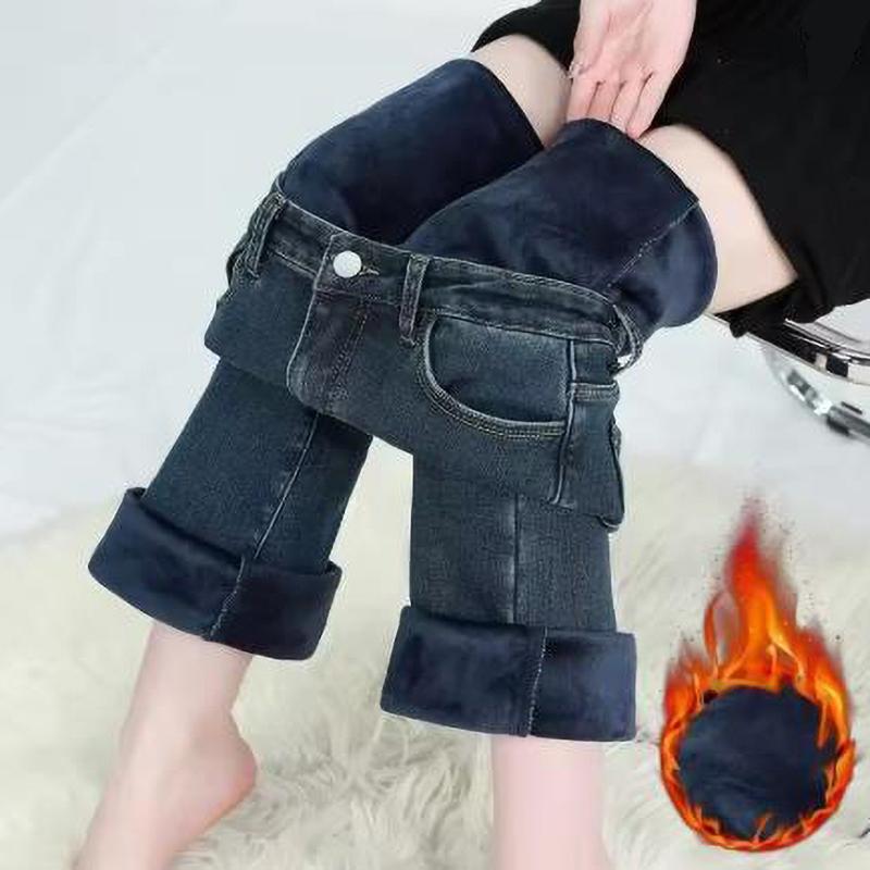 Winter Fleece Women's Flare Pants Retro Slim High Waist Elastic Thick Warm Denim Pants Fashion Korean Clothes