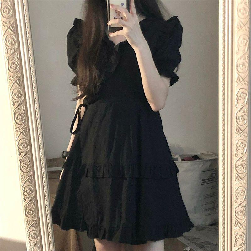 

Korean Retro Little Black A-Line Dress with Ruffled Peter Pan Collar M