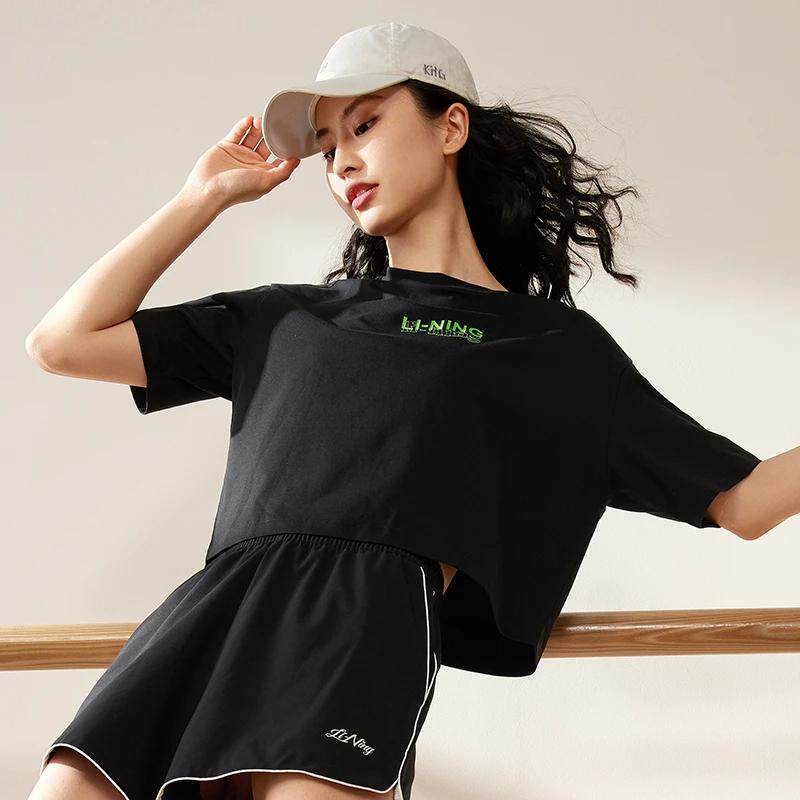 Li Ning Fitness Series Solid Color Logo Print Loose Short Sleeve T-Shirt Women Tops Black ATST608-2