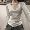 Spring and Autumn Ins Style Pure Cotton Regular Shoulder Base Shirt V-Neck Korean Style Lazy Style Waist-Cinching Slimming Long Sleeve Inner Layer
