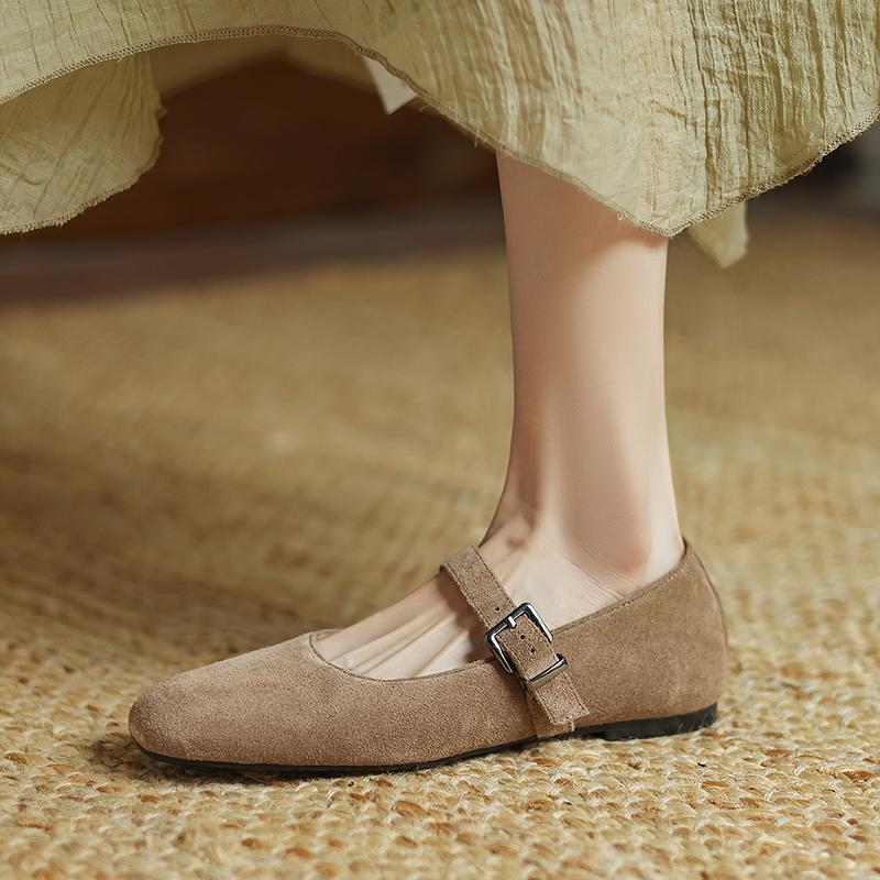 Fashion Women Mary Jane Ballet Shoes Cow Suede Genuine Leather Flats Woman Classic Square Toe Fashion Street Flats Ladies Soft Loafers