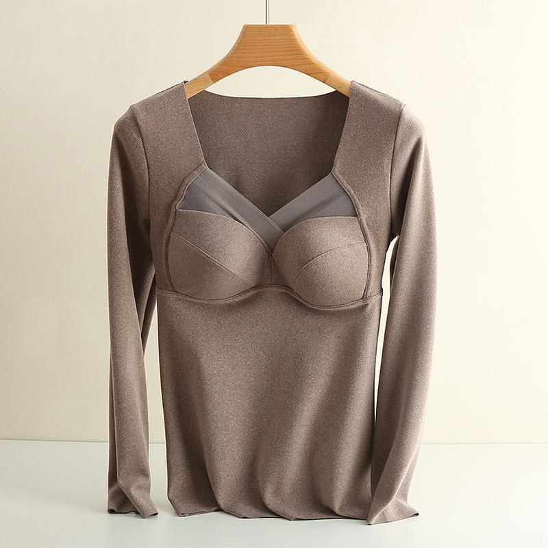 

3901 Женский теплый топ из тюля с длинным рукавом, V-образным вырезом и цельной чашкой XXL верблюд