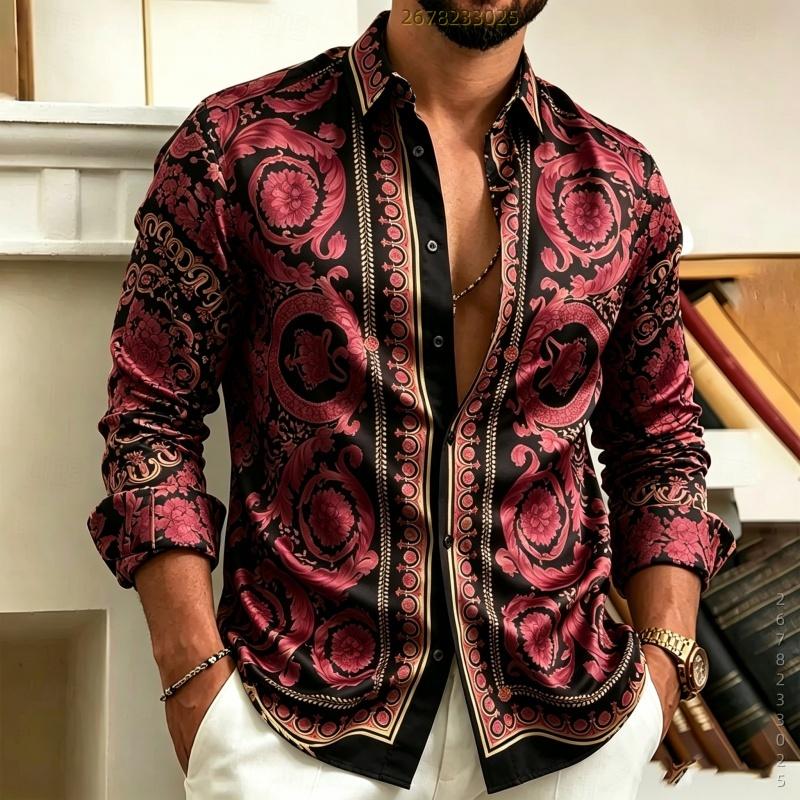 Men's Shirt Baroque Black Gold Printed Long Sleeved Shirt Slim Fit Collar Lining Casual Men's Clothing Comfortable Fabric