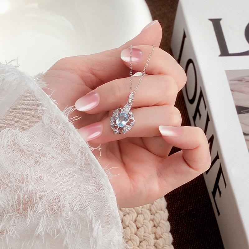 S925 Sterling Silver Necklace Women's Natural Crystal Stone Topaz Pendant Light Luxury Color Treasure High-end Clavicle Chain