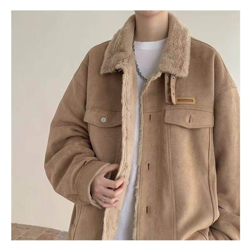 Dongjie No Logo Flus Deerskin Velvet Fleece-Lined Men's Winter Thickened Warm Workwear Cotton Jacket Trendy Cotton Coat