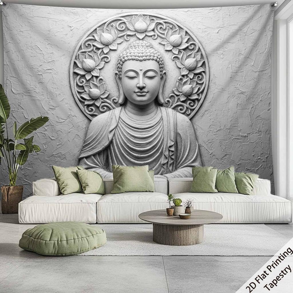 Buddha Statue and Lotus Flower Digital Printing Polyester Wall Tapestry Suitable for Use In Living Rooms Bedrooms Bars and Party