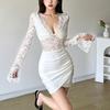 2026 European and American style autumn new women's clothing solid color slim-fitting high-waisted fashion V-neck long-sleeved hip-wrapped dress