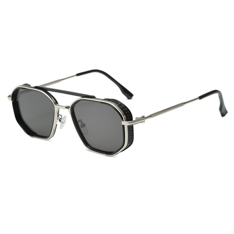 Double beam metal punk sunglasses men's, women's retro ins style European and American ink polygon personalized glasses