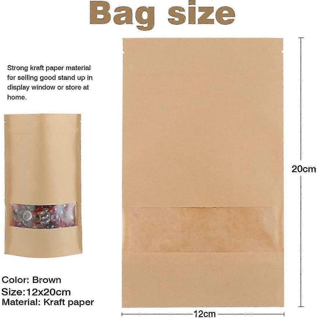 60 Pack Kraft Paper Food Bags Reusable Food Storage Bags Zipper Brown Paper Food Packaging Bags with Clear Window,12 x 20cm