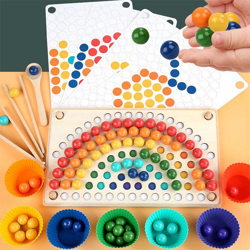 Rainbow Wooden Clip Go Game Set Dot Bead Board Game Toy Rainbow Clip Bead Hand-Eye Coordination Montessori Educational Toys