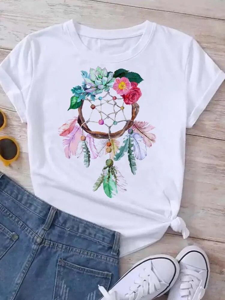 Women's Pattern Short Sleeve T-Shirt Women's Summer Clothing Feather 90S Fashion Women's University T-Shirt