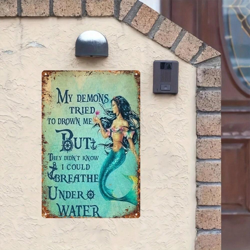 Vintage Mermaid Tin Sign Wall Art 8x12 Inch Metal Decor for Home Bar Cafe