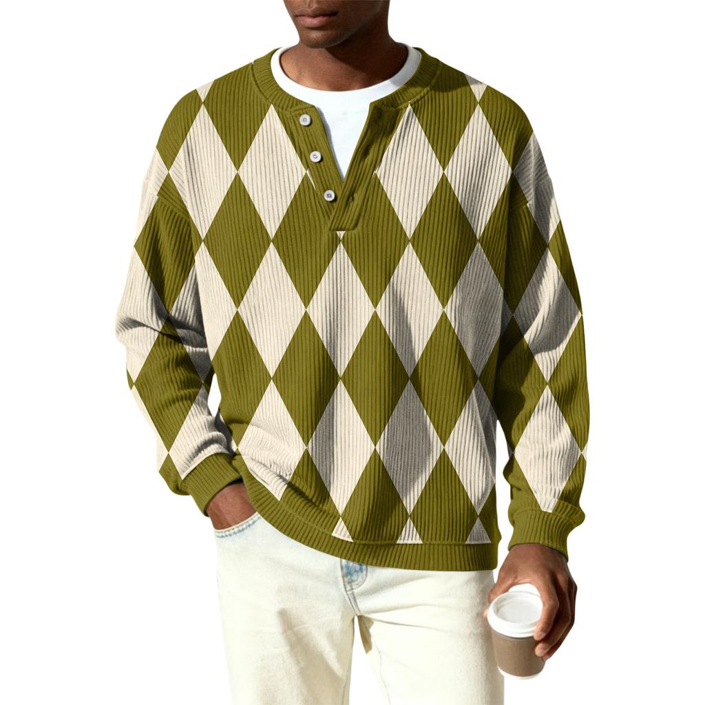 Męski sweter z dzianiny prążkowanej z długim rękawem, z kołnierzykiem zapinanym na guziki