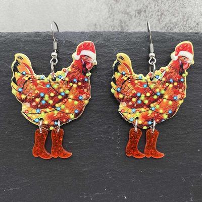 Double-Sided Acrylic Christmas Hat Rooster Earrings with Fairy Lights