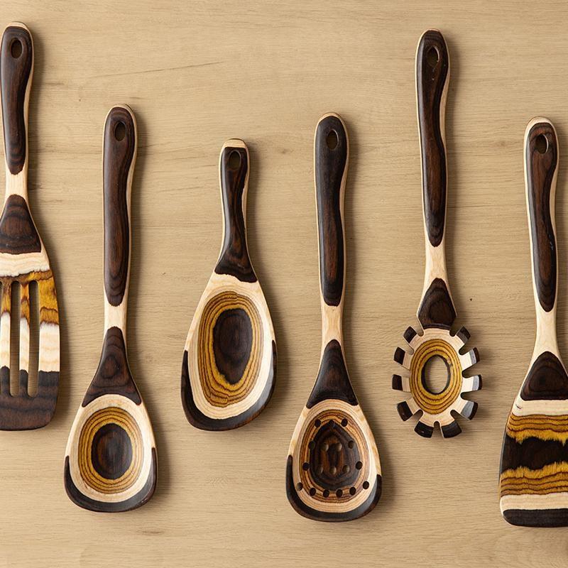 Retro Gradient Wood Kitchen Utensil Set, Non-stick Wooden Spatula Rice Spoon Pasta Spoon Colander Spoon, Heat Resistant Cooking Tool for Home Kitchen