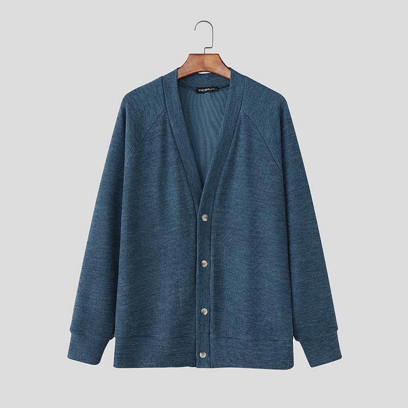 INCERUN Men V Neck Long Sleeve Buttons Up Rib Knit Oversized Cardigan Tops