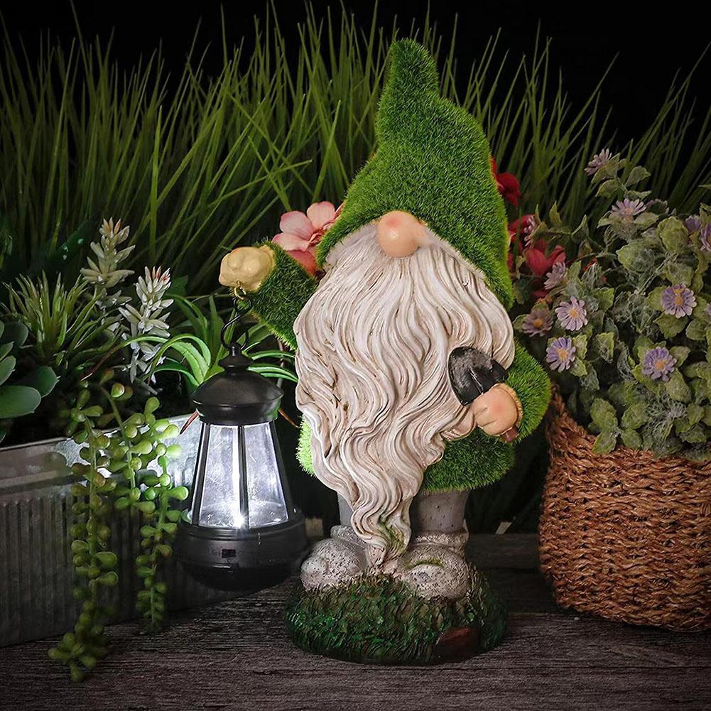 Flocked Gnome Statue with Solar Light Decorative Moss Gnome Figurine Waterproof Funny Garden Sculpture for Outdoor Decor