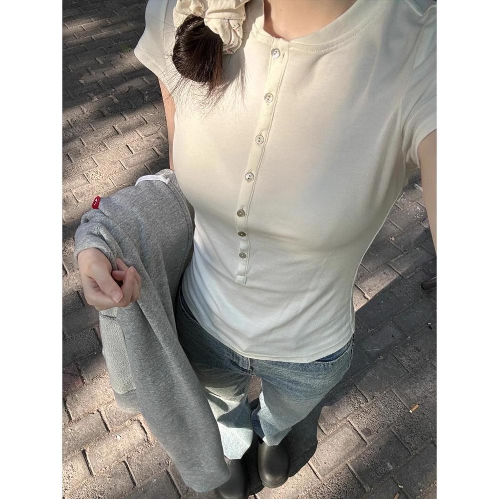 Spice Girl Henry Collar Button Shoulder T-Shirt Women's Summer Waist Skinny Top Versatile Solid Color Short Sleeves