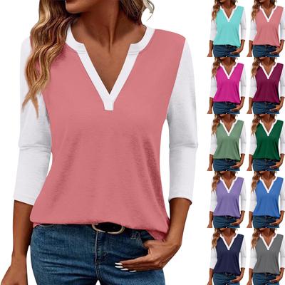 Women's Casual Fashion Sexy Comfortable V-neck Stitching Color Three-quarter Sleeve Top