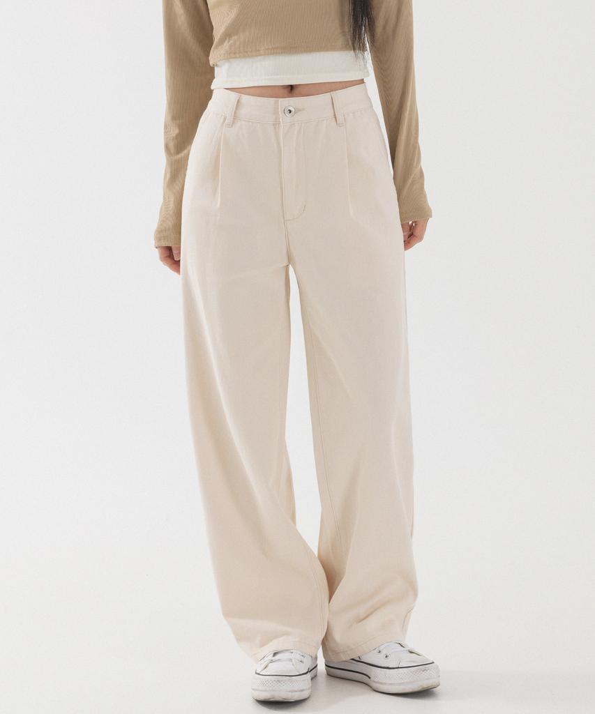 PIANER Semi-Wide One-Pleat Cotton Pants (Cream)