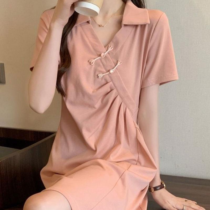 

Элегантные складки Асимметричные платья V-образный вырез Женская одежда Стильное винтажное китайское платье-миди А-силуэта с талией и застежкой-пуговицей летом L розовый