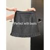 Plus Size Dark Grey Woolen Retro Pleated A-line Skirt for Women - Spring/Autumn