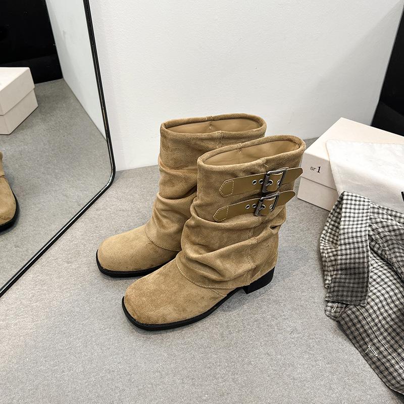 2025 New Pleated Stacking Boots Thick Heel Belt Buckle Loose Large Tube Circumference Women's Boots Summer Popular Super Fire Trouser Tube Boots