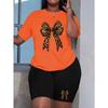 Plus size women's summer leopard print bow print premium comfortable T-shirt two-piece set