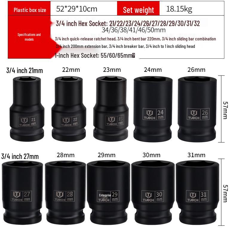 Heavy Duty 26-Piece Socket Set with 1-Inch Air Impact Wrench and 21-65mm Hex Sockets