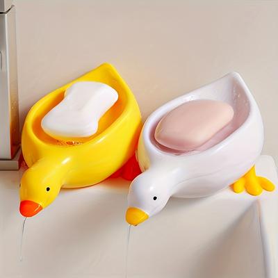 Büyüleyici Ördek Şekilli Sabunluk - Kendiliğinden Boşalan Oval Tepsi, Sarı Vurgulu Beyaz, Kuru ve Temiz Sabun İçin Çok İşlevli Banyo Aksesuarı