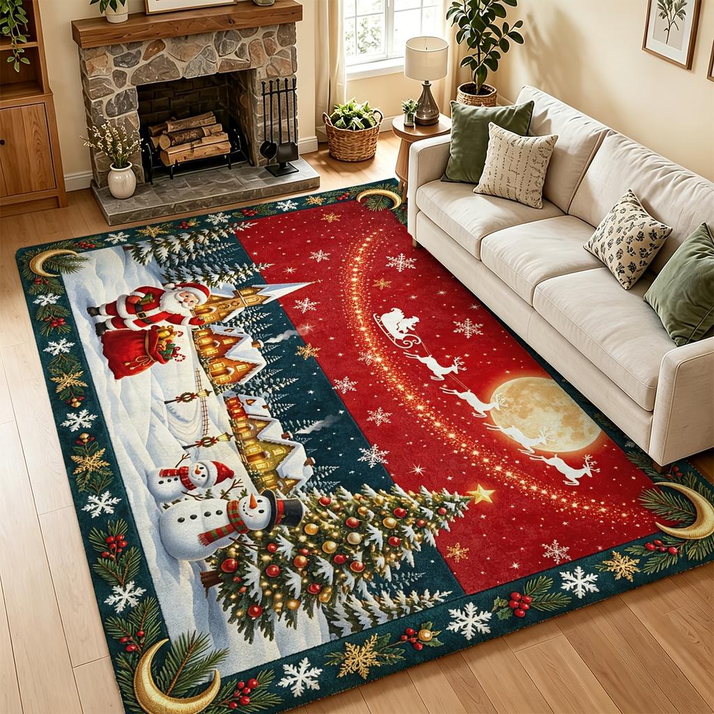 1pc 2D Flat Red Dark Green Xmas Area Rug, Machine Washable Pet-Friendly Mat for Living Room, Bedroom & Hallway