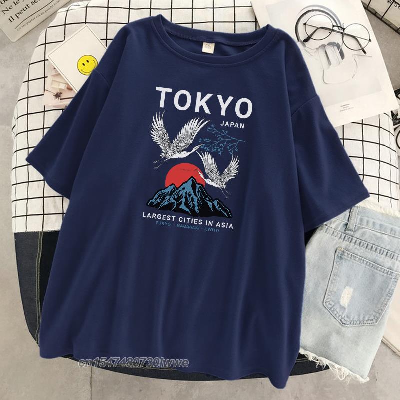 Tokyo Crane Japan Harajuku Print Unisexs Tshirt Hip Hop Loose Tshirts Crewneck Tshirt 100 Cotton Oversize Clothing Unisex