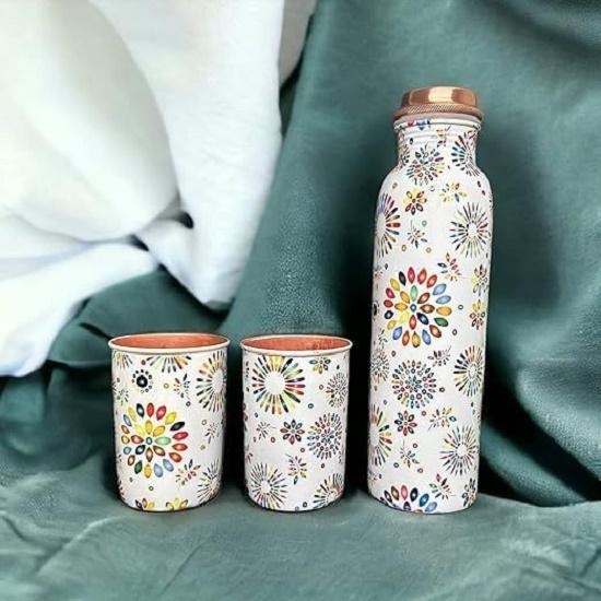 Copper Water Bottle 1 Ltr | Copper Water Bottle with Glass Set | Meena Work | 100% Pure | Leak-Proof | 2 Water Glass 300ml Each | Best for Gifting