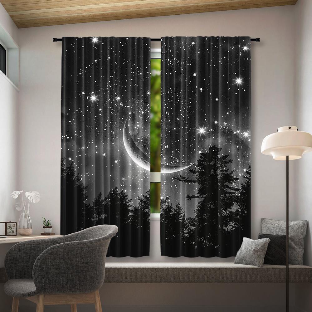 2pcs Forest Starry Sky Moon Night Curtains - Black Rod Pocket Window with Crescent Moon & Starry Sky Design   Perfect for Bedroom
