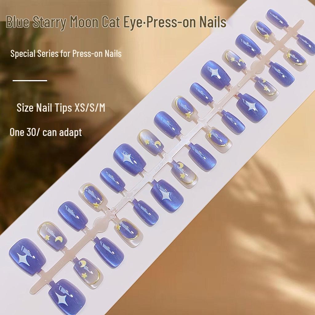 

Позолоченные синие звезды и луны кошачий глаз накладные ногти - нежная отделка для светлой кожи