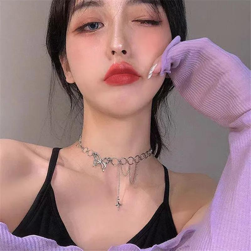 Ins Fashionable Hip Hop Butterfly Tassel Choker Necklace Women Teens Girls Punk Link Chain Necklace Party Daily Fashion Jewelry