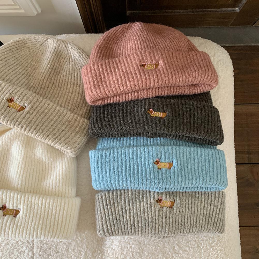 Women'S Dog Embroidered Knitted Beanie Thickened Winter Warm Hat Cold-Proof Fuzzy Lined Beanie For Women New