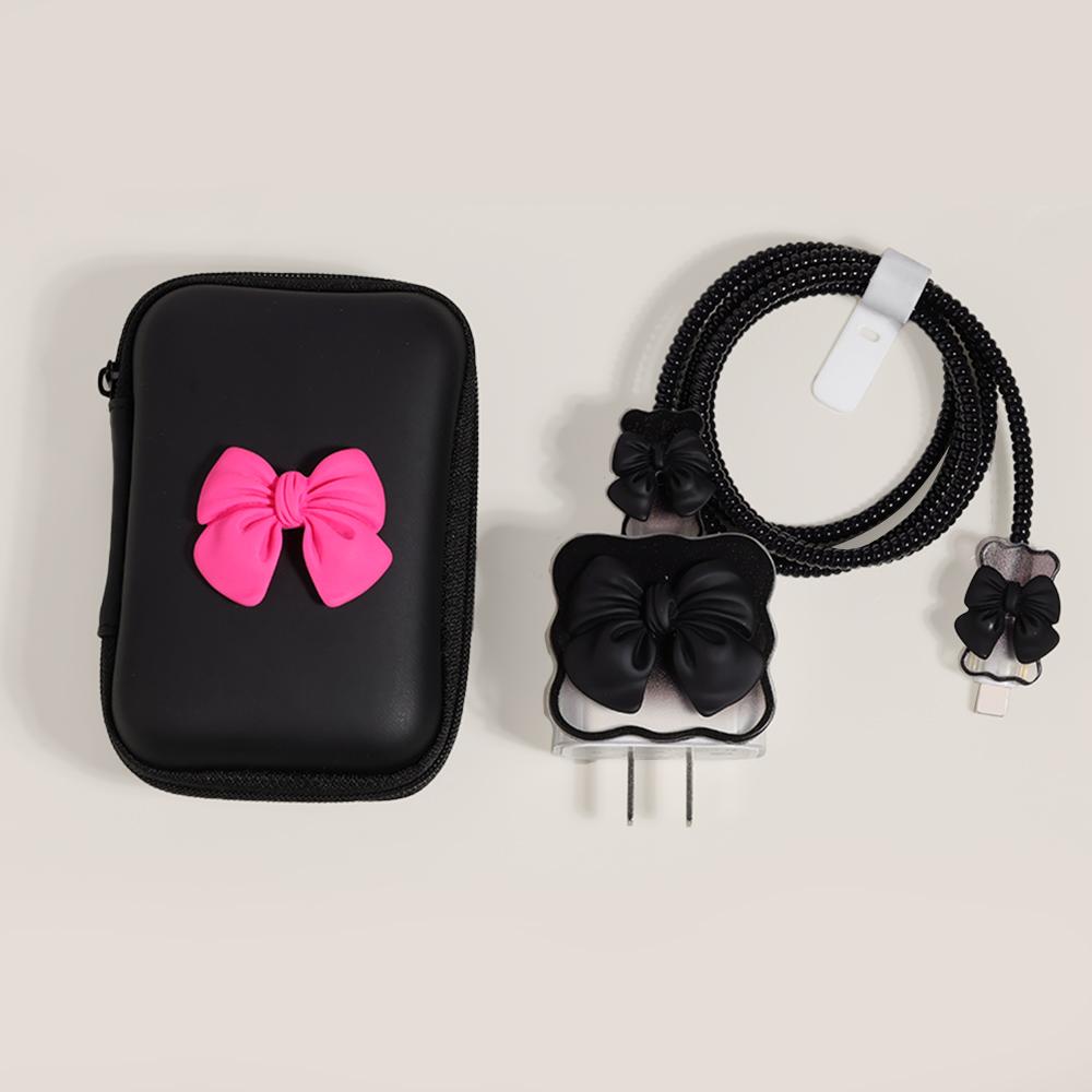 Korea Cute 3D Love Heart+EVA Storage Bag Set Charger Cover For iPhone 11 12 13 14 15 16 Pro Max 18W-20W Charge Protection Sleeve