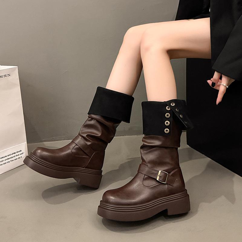 Brown retro British style thick heel platform boots women's 2025 new autumn and winter thin boots knight boots
