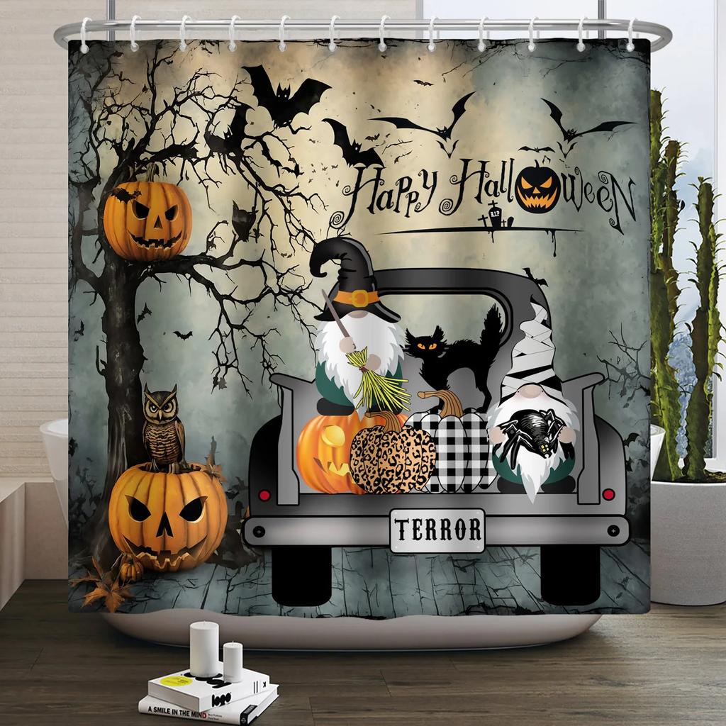 Halloween Duschvorhang Horror Mondnacht Kürbis Schädel Skelett Gruseliges Schloss Hexe Geist Friedhof Wasserdicht Badezimmervorhänge