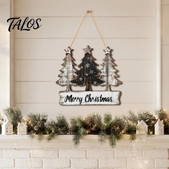Vintage Pine Tree Pendants Distressed Wooden Christmas Hanging Pendant with 3 Design, Retro Natural Solid Wood Xmas Accents Merry Ornament for Holiday