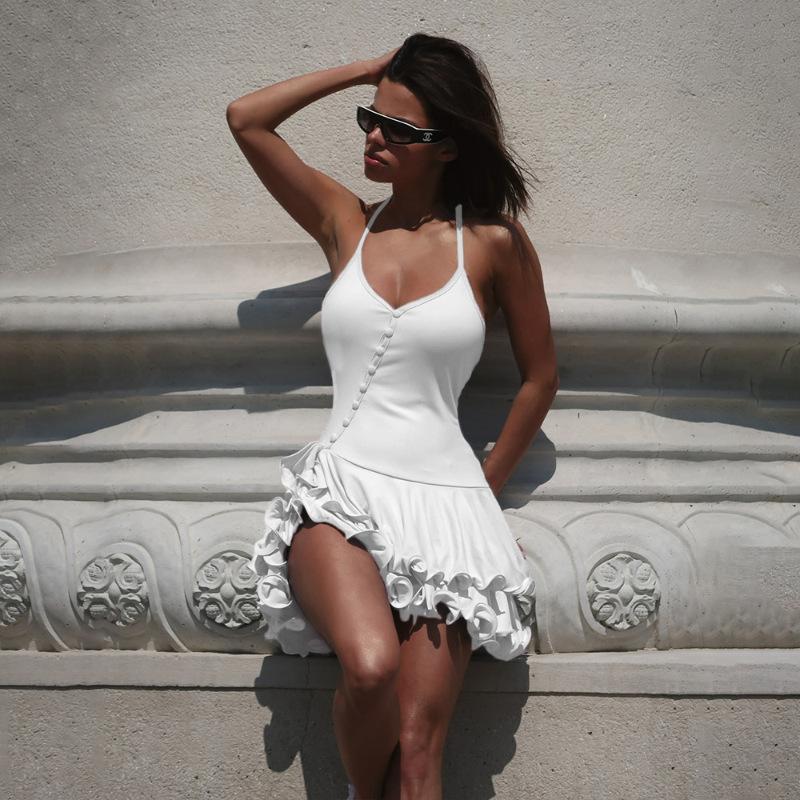 

Summer new European and American style Spice Girl slim skirt, thin neck ruffle edge single-breasted dress L білий