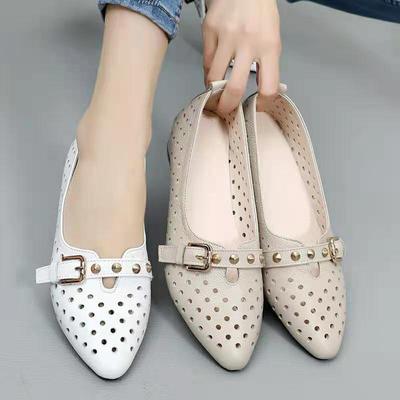 Sommer Damen Freizeitschuhe Ausgeschnitten Damen Slipper Leder Atmungsaktiv Mode Damen Flache Schuhe